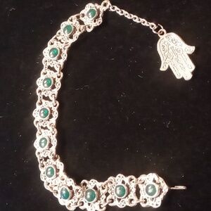 Green blue accents hamsa bracelet silver tone adjustable 7 to 9 in.